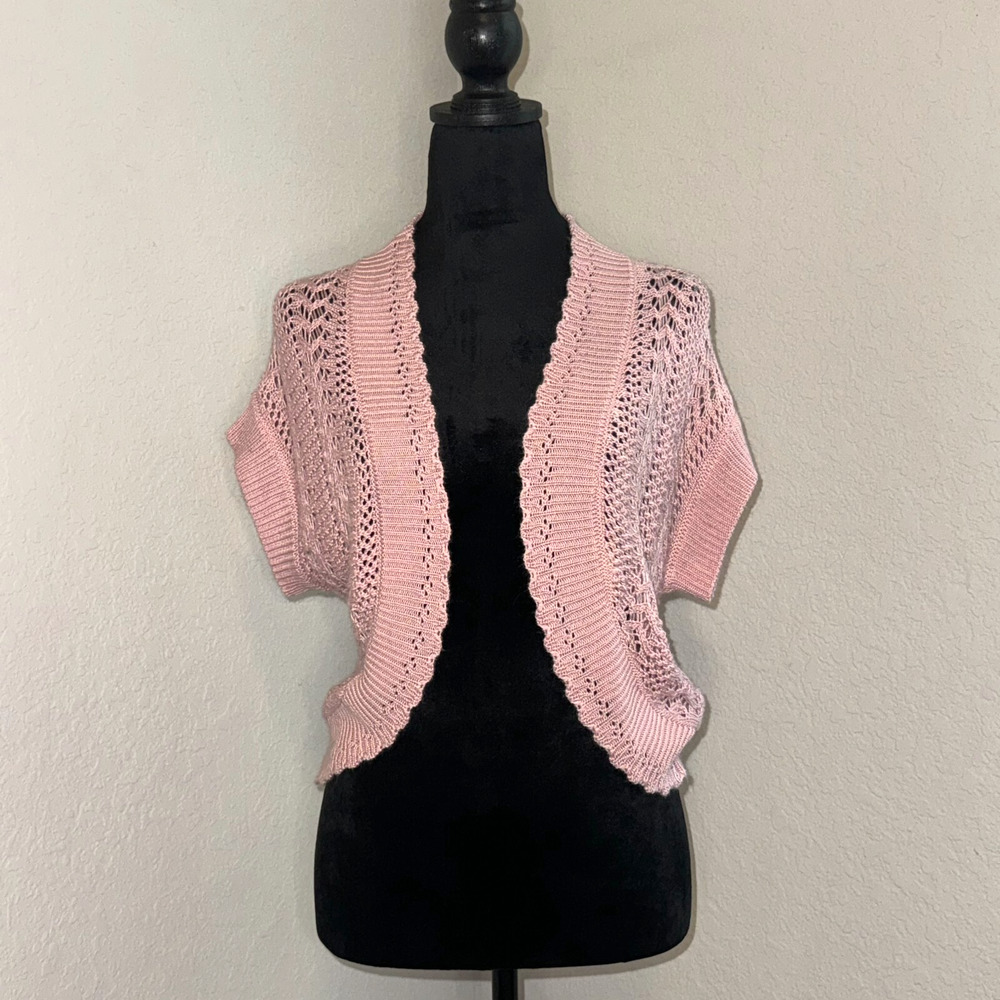 Signature by Robbie Bee Cardigan Sweater Women's 10 Pink Crochet‎ Knitted Boho